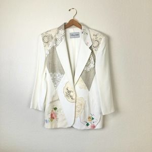 Vintage White on White Original Lace and Embroidered  Boyfriend Blazer